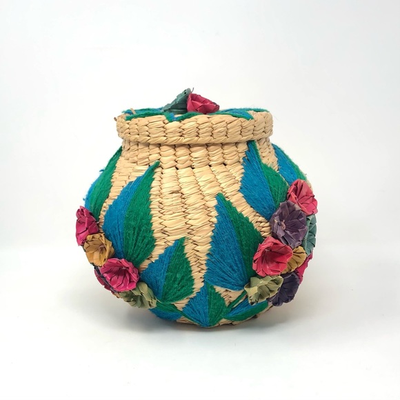 Vintage Raffia Woven Floral Basket Jar with Lid